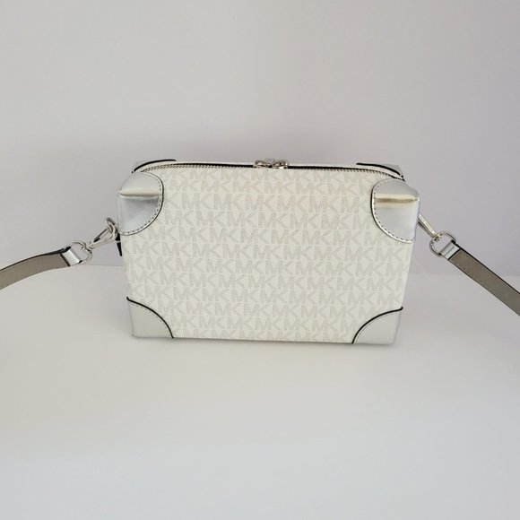 Michael Kors Jeanie Small EW Trunk Crossbody Travel Agency MK Logo Optic White - Picture 4 of 7